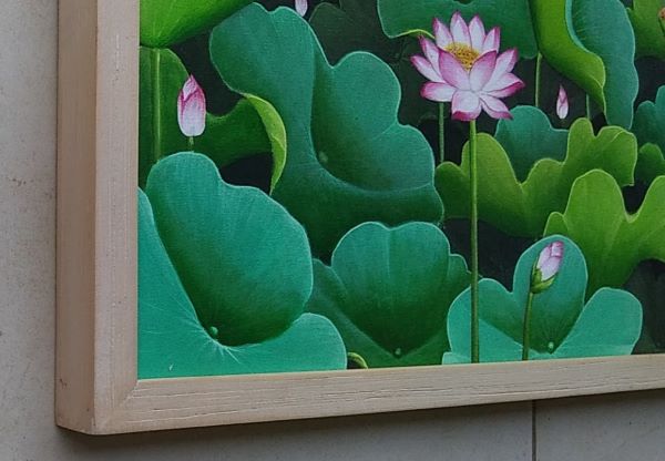 バリ絵画　蓮の花の絵画 木製フレーム付き バリ絵画 蓮の花の絵画 木製フレーム付き バリ絵画 蓮の花の